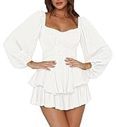 Fixmatti Women off Shoulder Rompers Lantern Long Sleeve Ruffle Tie Mini Shorts Jumpsuit