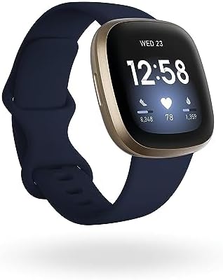 Fitbit Versa 3 Health & Fitness Smartwatch with GPS, 24/7 Heart Rate, Alexa Built-in, 6+ Days Battery, Midnight Blue/Gold, One Size (S & L Bands Included)