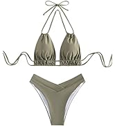 SweatyRocks Women's 2 Piece Bathing Suit Lace Up Halter Triangle Bikini Asymmetrical Waist High C...