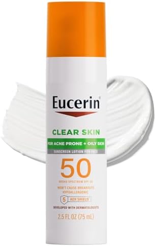 Eucerin Sun Clear Skin Face Sunscreen SPF 50, Hypoallergenic, Fragrance Free Sunscreen Face Lotion SPF 50 with Oil-Absorbing Minerals for Oil Control, Sunscreen for Acne Prone Skin, 2.5 Fl Oz Bottle