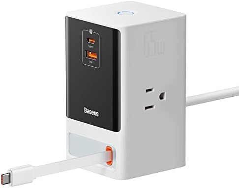 Baseus 6-in-1 65W Charging Station with Retractable USB-C Cable, Power Combo USB C Power Strip for Multiple Devices, Fast Charger for iPhone, MacBook, Samsung, PS5 for Home/Office/Dorm/Travel(White)