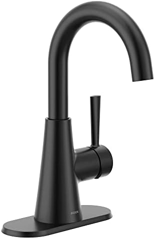 Moen Ronan Matte Black One-Handle Single Hole Modern Bathroom Sink Faucet with Optional Deckplate and Spring Loaded Drain Assembly, 84021BL