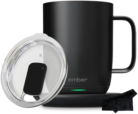 Ember Temperature Control Smart Mug 2, 14 oz, Black, 80 min Battery Life | App Controlled Heated Coffee Mug | Improved Design with Clear Splash-Proof Sliding Lid and Signature Series Cloth