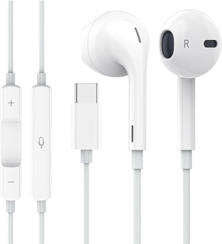 Apple Earbuds, USB C Wired Earphones (Built-in Microphone & Volume Control) Noise Canceling Isolating with USB-C Plug for Pho