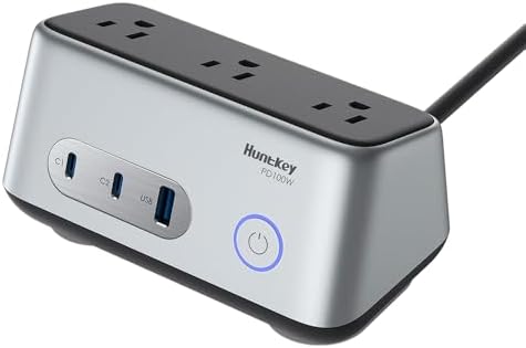 Huntkey 100W USB C Charging Station, 6-in-1 USB C Power Strip for iPhone14/15, 5ft Extension Cord with 3AC,1USB A,2USB C,Max 100W Power Delivery Accessory with Silicone Desktop Fixator (Grey)