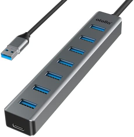 atolla USBハブ USB3.0 HUB 7ポート 1M ケーブル USB3.0ハブ USB 拡張 ウルトラスリム 5Gbps超高速転送 アルミニウム合金 軽量 追加5V/3A電源供給ポートWindows/Linux/Mac OS/Android/Chrome OS/PS4/MacBook等OSとPC対応 在宅勤務