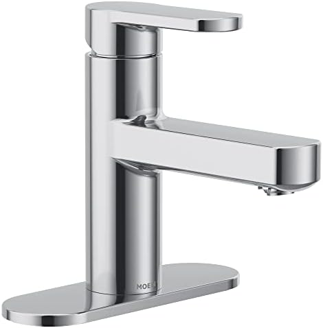 Moen Laris Chrome One-Handle Single Hole Modern Bathroom Sink Faucet with Optional Deckplate and Spring Loaded Drain Assembly, 84014