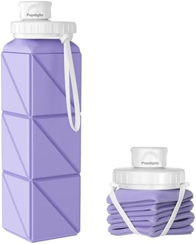 Popdigito Collapsible Water Bottles,BPA-Free Leak-Proof Silicone Foldable Water Bottle Cup 20.6oz,Durable Lightweight Bottle for Gym Travel Camping Hiking Running (Light Purple)