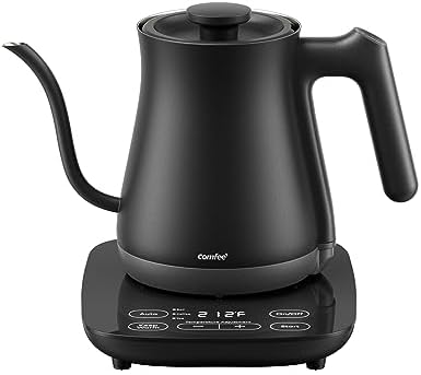 COMFEE' Gooseneck Electric Kettle with Temperature Control, 3 Variable Presets, 100% Stainless Steel, 1500 Watt Powerful Quick Heating Portable Hot Water Kettle for Pour Over Coffee and Tea, 0.6L