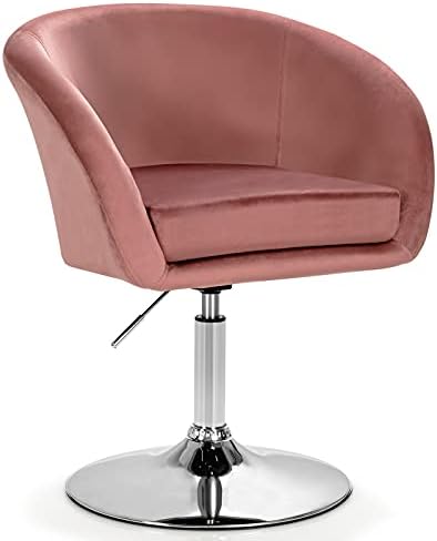 COSTWAY Vanity Chair, Height Adjustable Modern Velvet Makeup Chair with Chrome Frame, Round-Back, Comfortable Swivel Accent Leisure Chair for Living Room, Bedroom (Pink)