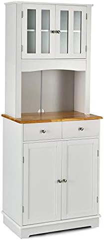 Giantex 67" Pantry Organizers and Storage, Tall Kitchen Cupboard with Drawers & Storage Cabinet, Freestanding Wooden Microwave Station with Glass Doors & Shelves, Buffet Hutch, White