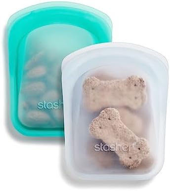 Stasher Premium Silicone Reusable Food Storage Pocket Bags, 2-Pack, Clear + Aqua | Multi-Use Food Storage Bags, Lunch Bag, Travel Containers | BPA Free, Leak-free, Dishwasher-Safe, Eco-friendly, 4 Oz