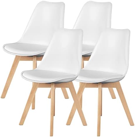Sweetrcrispy Dining Chairs, Dining Chairs Set of 4, Dining Room Chairs, Kitchen Chairs, Mid Century Modern Chairs, PU Leather Upholstered Chairs with Wood Legs, Kitchen & Dining Room Chairs, White