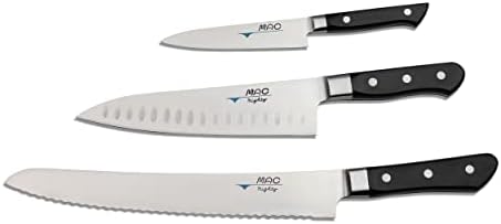 MAC Knife set Professional series 3-piece PRO-31, MTH-80 Pro series 8" Chef's knife w/dimples, PKF-50 Pro series 5" Paring knife, MSB-105 Pro series 10.5" Bread/Roast slicer, made in Japan