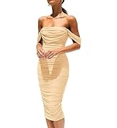 PRETTYGARDEN Women's Summer Off The Shoulder Ruched Bodycon Dresses Sleeveless Fitted Party Club ...