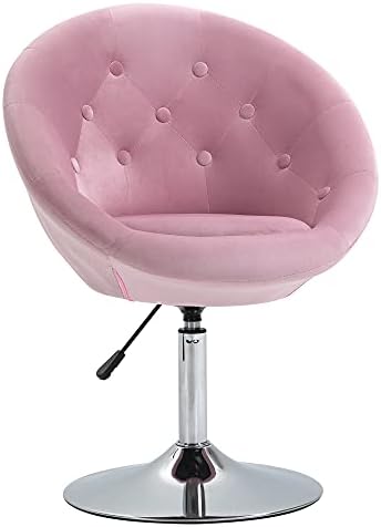 HOMCOM Modern Makeup Vanity Chair Round Tufted Swivel Accent Chair with Chrome Frame Height Adjustable for Living Room, Bedroom Pink