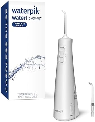 Waterpik Cordless Pulse Rechargeable Portable Water Flosser for Teeth, Gums, Braces Care and Travel with 2 Flossing Tips, Waterproof, ADA Accepted, WF-20 White