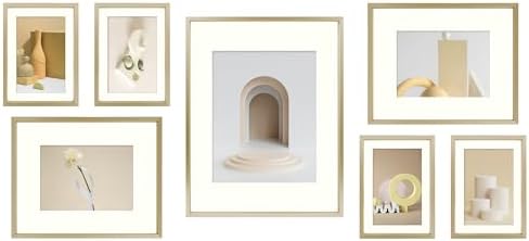 Frametory, Aluminum Picture Frames Set of 7 - Gold Gallery Wall Kit - Displays One 11x14, Two 8x10, and Four 5x7 inch Photos for Home Decoration