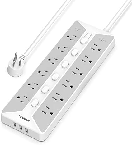 Power Strip with USB, Individual Switches, TESSAN 12 Outlets and 3 USB Ports, Long Extension Cord 6 Feet with Surge Protector for Home, Dorm and Office Accessories, 1700J Protection, Gray