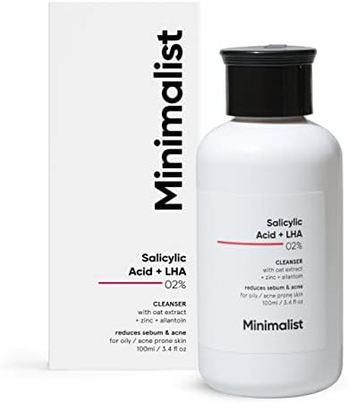 Minimalist 2% Salicylic Acid Face Wash for Oily, Acne Prone Skin | Anti Acne Face Cleanser With LHA & Zinc | Sulphate free Gentle BHA Liquid Exfoliant | For Women & Men | 3.4 Fl Oz / 100 ml