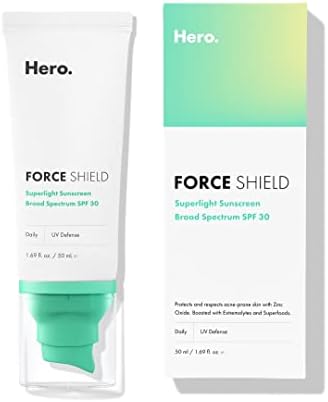 Hero Cosmetics Force Shield Superlight Sunscreen SPF 30 - Everyday SPF 30 for Acne-Prone Skin with Zinc Oxide, Green Surge, and Extremolytes - Fragrance Free and Reef Safe (50 ml)