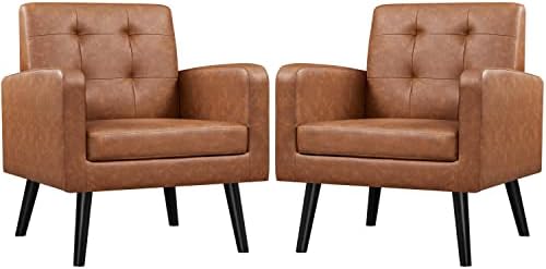 Yaheetech Mid-Century Accent Chairs, PU leather Modern Upholstered Living Room Chair, Cozy Armchair Button Tufted Back and Wood Legs for Bedroom/Office/Cafe, Retro Brown 2 PCS