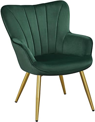 Yaheetech Velvet Accent Chair, Modern Armchair Vanity Chair with Wing Side and Metal Legs, Cozy and Soft Padded and High Back for Living Room/Makeup/Office/Bedroom, Green