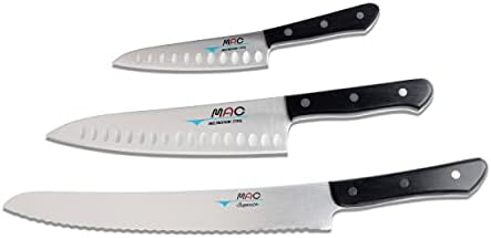 MAC Knife Chef series 3-piece starter knife set CHEF-32, TH-80 Chef series 8" dimpled Chef's knife, TH-50 Chef series 5" dimpled Paring knife, SB-105 Superior series 10.5" Bread knife, made in Japan