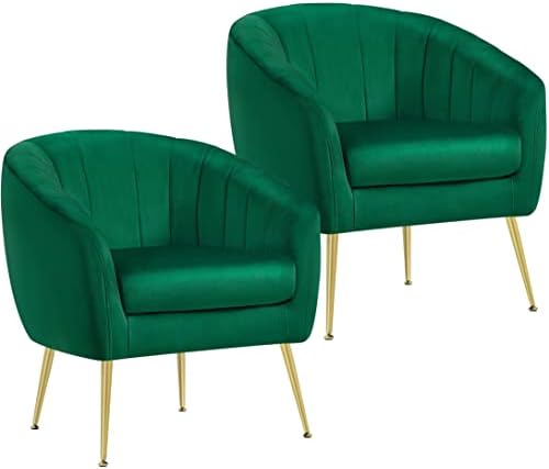 Yaheetech Accent Chair, Modern Barrel Vanity Chair with Gold Metal Legs, Tufted Accent Armchair for Living Room/Bedroom/Office/Makeup Room Green, Set of 2