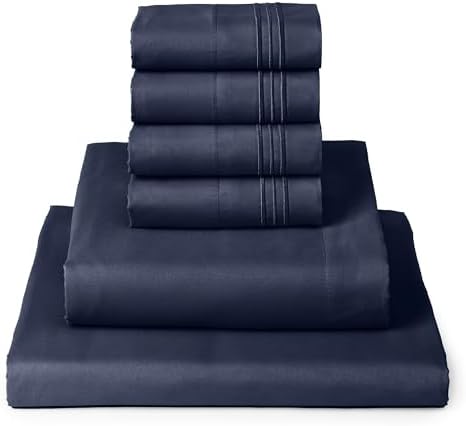 Mellanni Queen Sheets Set - 6 PC Iconic Collection Bedding Sheets & Pillowcases - Luxury, Ultra Soft, Cooling Bed Sheets - Deep Pocket up to 16 inch - 6 PC (Queen, Navy Blue w/Extra Pillow Cases)