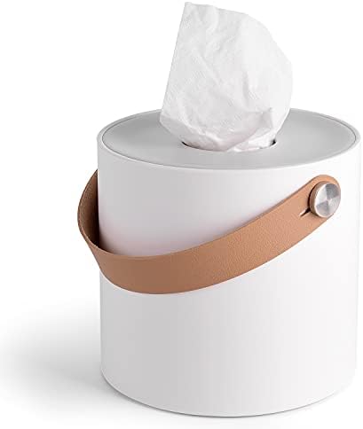LaLa Dolce Modern Round Tissue Dispenser Holder Plastic Box Cover Napkin Organizer with leather handles for bathroom vanity tops, dressers, bedside tables, desks and tables (White)
