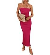 PRETTYGARDEN Women's Summer Bodycon Maxi Tube Dress Ribbed Strapless Side Slit Long Going Out Cas...