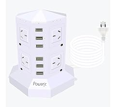 Powerjc Tower Power Strip Surge Protector 8 AC Outlets Outlet with 6 2.4A totals 6A Ports Smart USB Chargers 2M Long Extens…