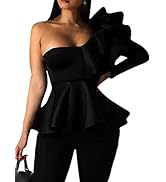 xxxiticat Women's Chic Ruffle Trim High Class Shirt Tops Tube Top Long Sleeve Peplum Bodycon Slim...