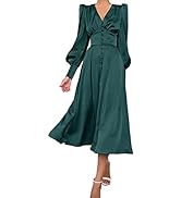 xxxiticat Women's Puff Sleeve Satin Maxi Dress Long Lantern Sleeve Button Down Ruffle Single Brea...