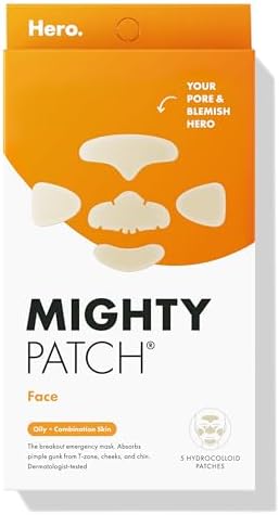 Mighty Patch Face from Hero Cosmetics - XL Hydrocolloid Mask for Acne, 5 Large Pimple Patches for Zit Breakouts on Nose, Chin, Forehead & Cheeks - Vegan-Friendly, Not Tested on Animals (1 Count)