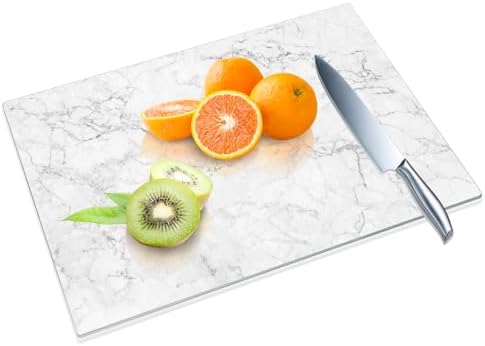 JAMBALAY Tempered Glass Cutting Board for Kitchen, 16"x12" Glass Board with Marble Pattern, Marble Pattern Glass Chopping Board with Non Slip Feet, Heat Resistant, Shatter Resistant, Dishwasher Safe