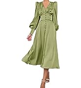 xxxiticat Women's Puff Sleeve Satin Maxi Dress Long Lantern Sleeve Button Down Ruffle Single Brea...