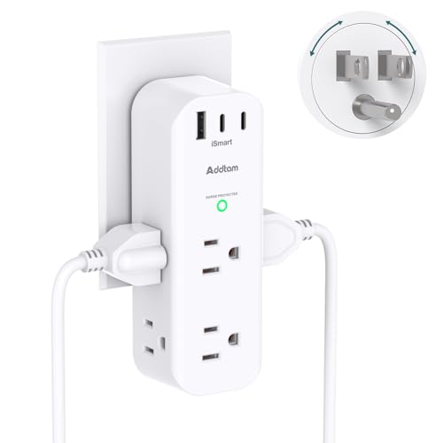 Surge Protector Wall Outlet Extender, Multi Plug Outlet with Rotating Plug, 6 AC Outlets 3 USB Ports (2 USB C), 1800J, 3-Side