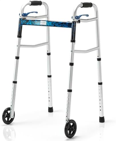 Compact Folding Walker for Seniors by Health Line Massage Products, Standard Walker with 5 inch Wheels and Trigger Release, Mobility Aids Walker Supports up to 350 lbs (Ski Glides Included)