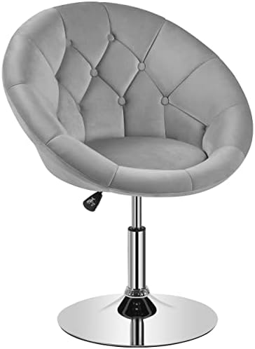 Yaheetech Living Room Vanity Chair Makeup Chair Velvet Round Tufted Back Swivel Accent Chair with Chrome Frame Height Adjustable for Living Room, Makeup Room, Bedroom, Light Gray