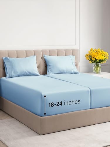 Extra Deep Pocket Split King Sheets - 5 Piece Breathable & Cooling Bed Sheets - Hotel Luxury Bed Sheet Set - Soft, Wrinkle Free & Comfy - Easily Fits Extra Deep Mattresses - Light Blue Sheets Set