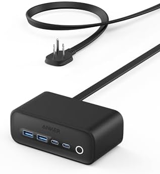 Anker 525 Charging Station, 5 ft Thin Cord and Flat Plug, 7-in-1 USB C Power Strip for iPhone 15/14, 3 AC, 2 USB A, 2 USB C,65W Power Delivery Desktop Accessory for MacBook Pro,Office (Phantom Black)