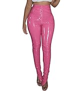 xxxiticat Women's Pleated PU Leather Pants High Wasit Bodycon Ruched Split Hem Faux Leather Club ...