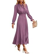 PRETTYGARDEN Womens 2024 Fall Long Sleeve V Neck Swiss Dot Pleated A Line Flowy Dresses