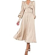 xxxiticat Women's Puff Sleeve Satin Maxi Dress Long Lantern Sleeve Button Down Ruffle Single Brea...