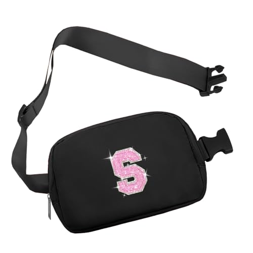 COSHAYSOO Black Belt Bag Small Waist Fanny Pack Crossbody Purse with Initial Letter Patch for Teen Girl Sister, Nylon Cross B