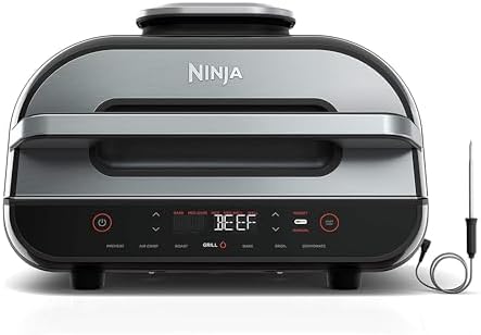 Ninja FG551 Foodi Smart XL 6-in-1 Indoor Grill with Air Fry, Roast, Bake, Broil & Dehydrate, Smart Thermometer, Black/Silver