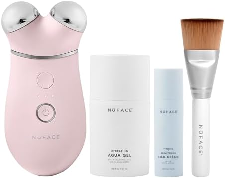 NuFACE TRINITY+ Microcurrent Facial Device Kit - FDA Cleared Face Sculpting & Neck Tightening Device to Contour Cheeks & Brows + Microcurrent Gel Activator, Silk Crème & Brush - Sandy Rose