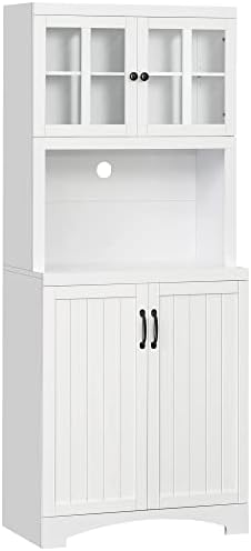 HOMCOM Kitchen Hutch, Pantry Cabinet with Glass Framed Door, Adjustable Shelves and Microwave Space for Dining Room, White